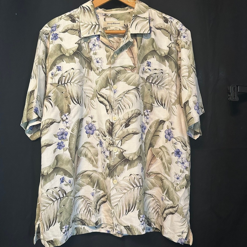 Tommy Bahama Mens XL Silk Tropical Palm Hibiscus Camp Shirt Original Fit Green